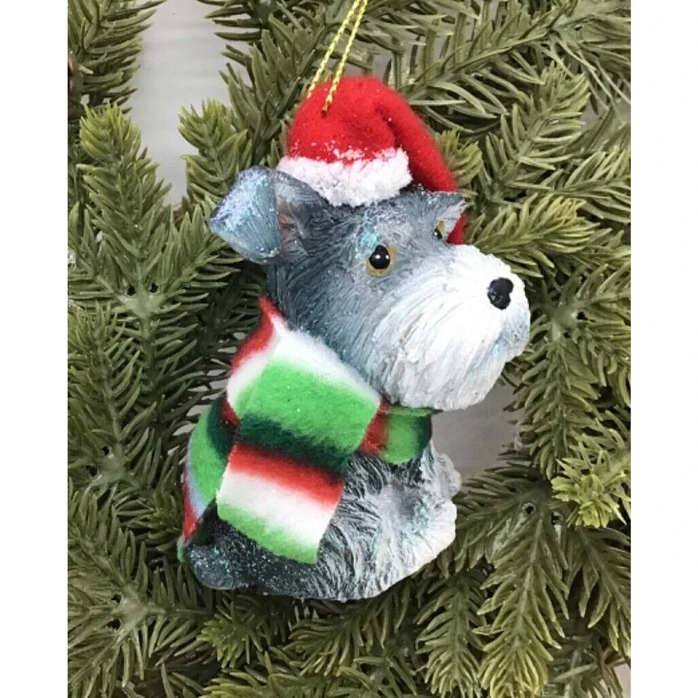 Schnauzer Dog Christmas‎ Ornament with Santa Hat & Scarf Holiday Tree Decor